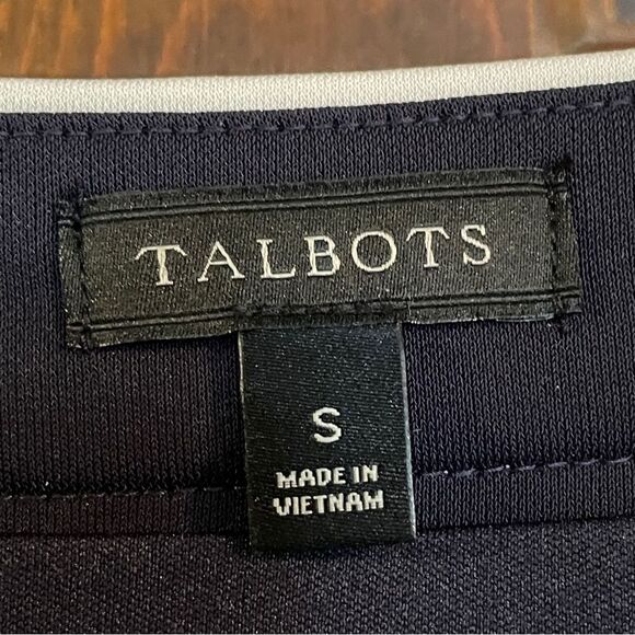 TALBOTS Navy with white contrast piping trim faux wrap dress, fully lined, sz S - Picture 4 of 15